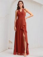 Vermilion Satin A Line V Neck Sleeveless Floor Length Bridesmaid Dress With Ruffle