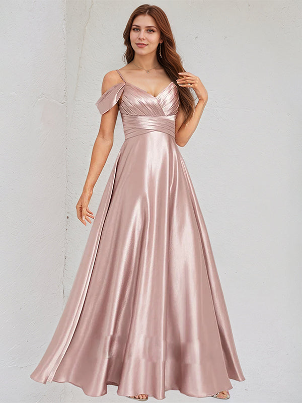 A Line Dusty Rose Satin Spaghetti Straps Sleeveless Floor Length Dress