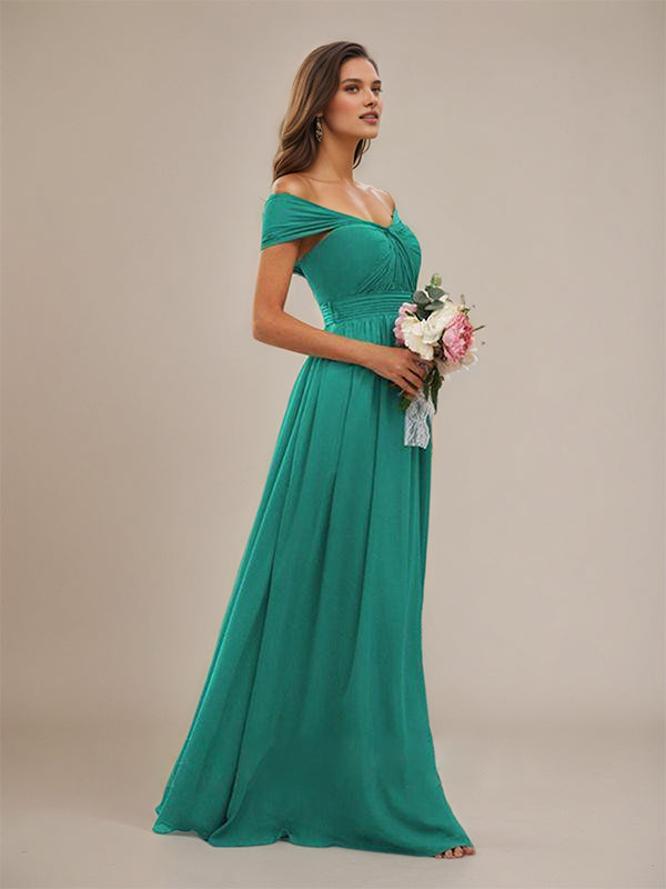 Vestidos de madrinha azul água em chiffon, modelo evasê, franzido, ombro a ombro, sem mangas e comprimento até o chão