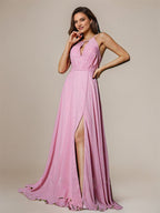 Pink A-Line Chiffon Ruched Scoop Sleeveless Floor Length Bridesmaid Dresses