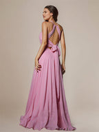 Pink A-Line Chiffon Ruched Scoop Sleeveless Floor Length Bridesmaid Dresses