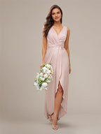 Blushing Pink Satin A-Line V Neck Sleeveless Asymmetrical Bridesmaid Dresses With Ruffles