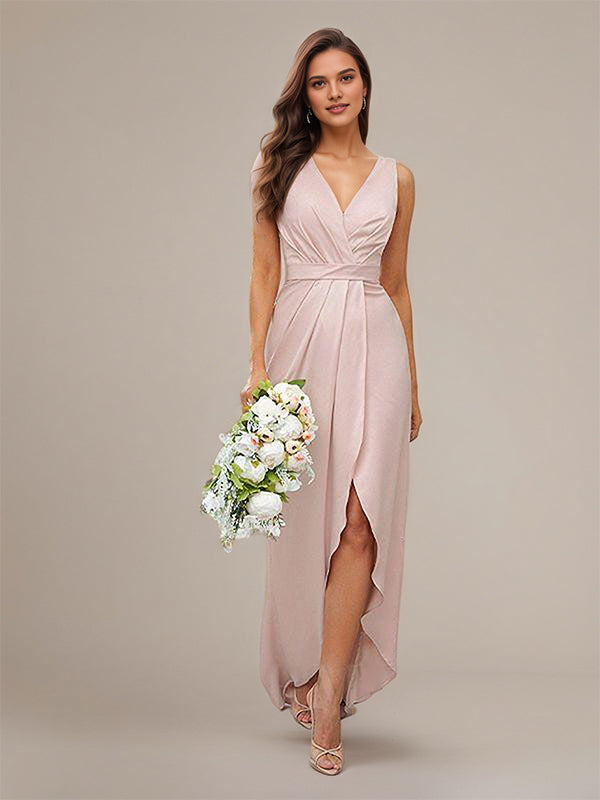 Blushing Pink Satin A-Line V Neck Sleeveless Asymmetrical Bridesmaid Dresses With Ruffles