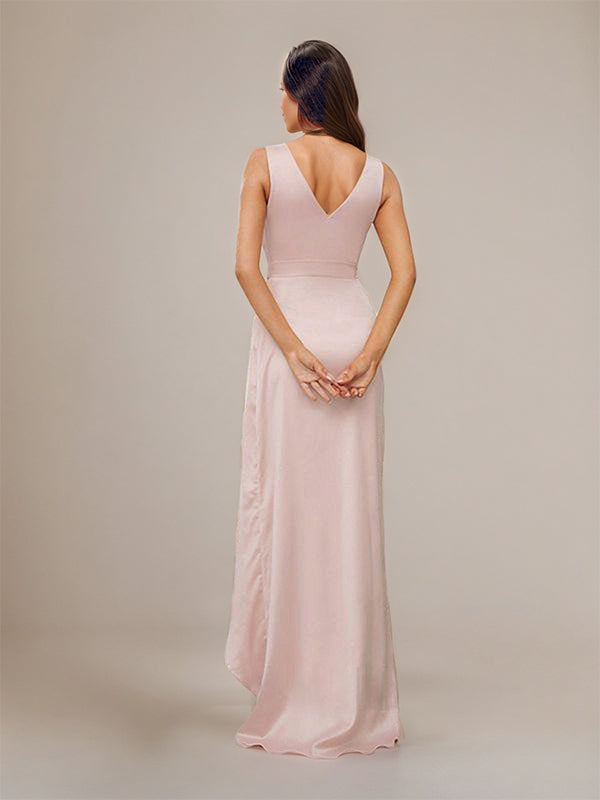 Blushing Pink Satin A-Line V Neck Sleeveless Asymmetrical Bridesmaid Dresses With Ruffles