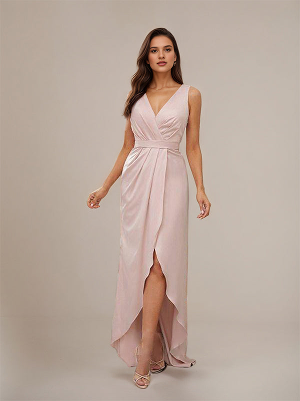 Blushing Pink Satin A-Line V Neck Sleeveless Asymmetrical Bridesmaid Dresses With Ruffles