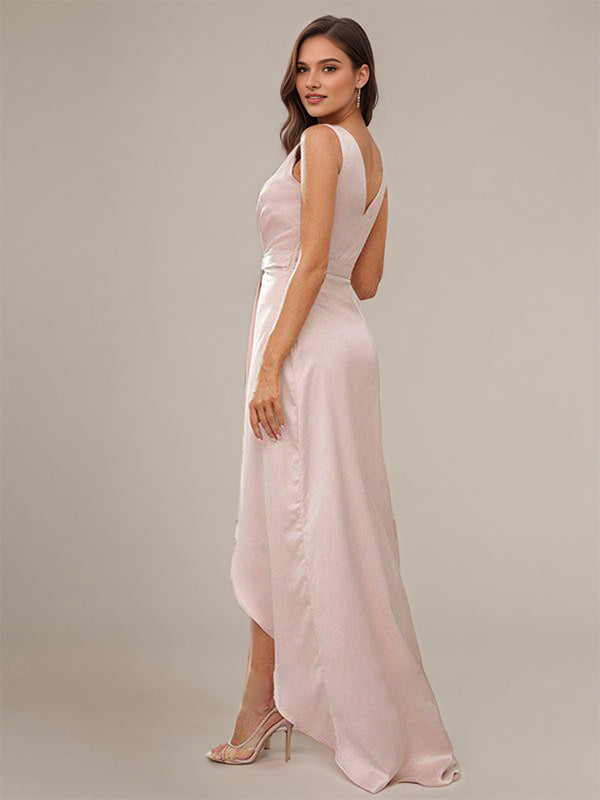 Blushing Pink Satin A-Line V Neck Sleeveless Asymmetrical Bridesmaid Dresses With Ruffles