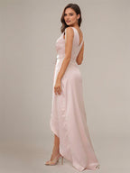Blushing Pink Satin A-Line V Neck Sleeveless Asymmetrical Bridesmaid Dresses With Ruffles