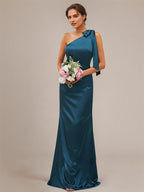 Ink Blue Sheath/Column Satin Bowknot One-Shoulder Sleeveless Floor-Length Bridesmaid Dresses