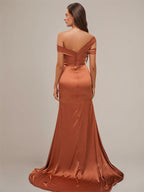 Orange Ballad Satin Sheath/Column Off-the-Shoulder Sleeveless Floor Length Bridesmaid Dresses