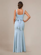 Sky Blue Sheath/Column Square Neck Sleeveless Floor Length Chiffon Bridesmaid Dress