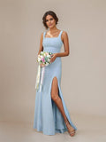 Sky Blue Sheath/Column Square Neck Sleeveless Floor Length Chiffon Bridesmaid Dress