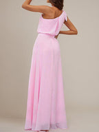 Pink A-Line Chiffon Bowknot One Shoulder Sleeveless Floor-Length Bridesmaid Dresses