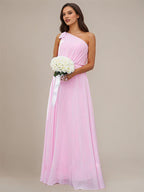 Pink A-Line Chiffon Bowknot One Shoulder Sleeveless Floor-Length Bridesmaid Dresses