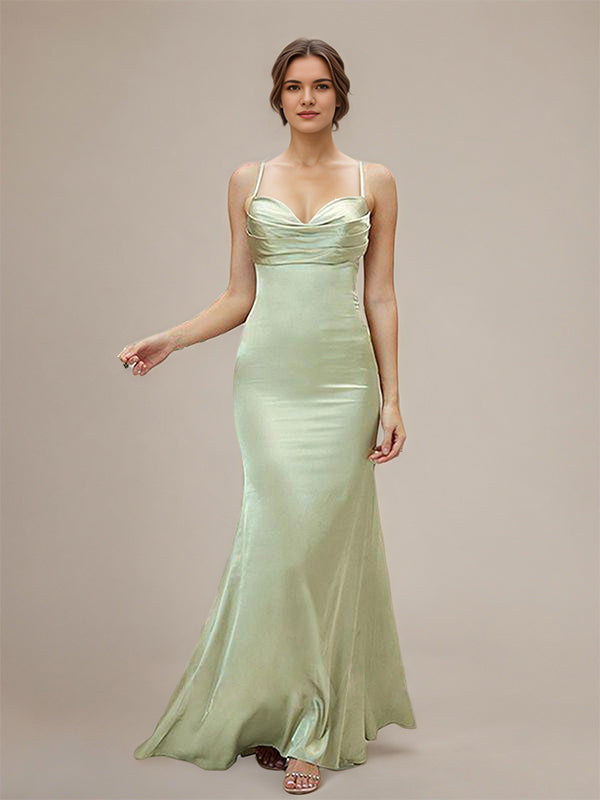 Vestido de dama de honor trompeta/sirena de satén verde salvia polvoriento con tirantes de espagueti, sin mangas y largo hasta el suelo