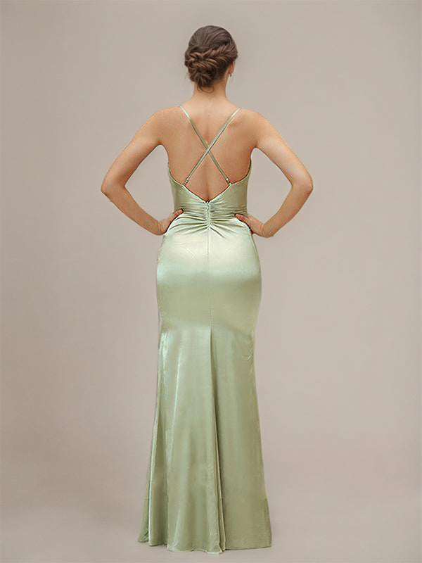 Vestido de dama de honor trompeta/sirena de satén verde salvia polvoriento con tirantes de espagueti, sin mangas y largo hasta el suelo