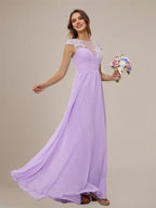 Lilac A-Line Chiffon Applique Scoop Short Sleeves Floor-Length Bridesmaid Dresses