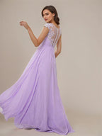 Lilac A-Line Chiffon Applique Scoop Short Sleeves Floor-Length Bridesmaid Dresses