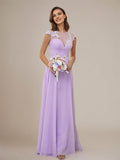 Lilac A-Line Chiffon Applique Scoop Short Sleeves Floor-Length Bridesmaid Dresses