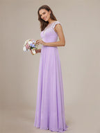 Lilac A-Line Chiffon Applique Scoop Short Sleeves Floor-Length Bridesmaid Dresses