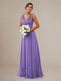 Tahiti A-Line Elegant V-Neck Floor-Length Chiffon Bridesmaid Dress With Pleated
