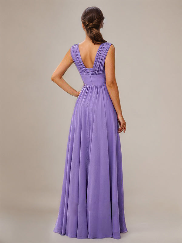 Tahiti A-Line Elegant V-Neck Floor-Length Chiffon Bridesmaid Dress With Pleated