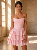 Off-the-Shoulder Pearl Draped Corset Tiered Ruffle Mini Homecoming Dress