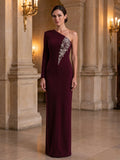 Burgundy One-Shoulder Long-Sleeve Crepe Evening Dress Crystal Applique