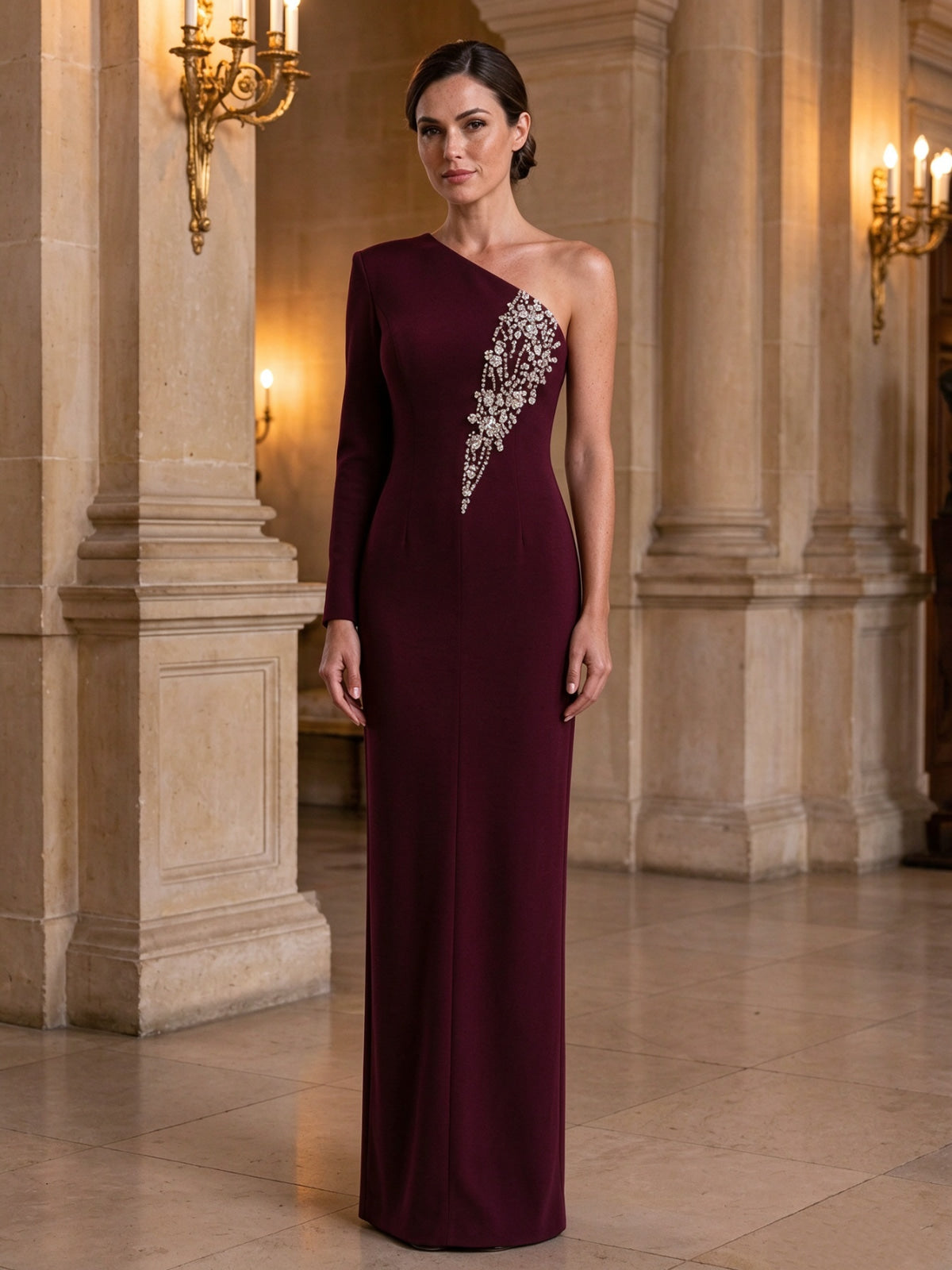 Burgundy One-Shoulder Long-Sleeve Crepe Evening Dress Crystal Applique