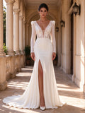 V-Neck Long Sleeve Lace and Satin Mermaid Wedding Dress with High Slit