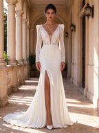 V-Neck Long Sleeve Lace and Satin Mermaid Wedding Dress with High Slit