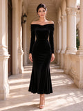 Off-the-Shoulder Black Velvet Long Sleeve Midi Trumpet Evening Gown