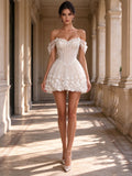 Off-the-Shoulder 3D Floral Applique Ivory Mini Corset Wedding Dress