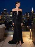 Black Off-the-Shoulder Long-Sleeve Glitter Evening Dress Keyhole Brooch
