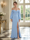 Off The Shoulder Long Sleeve Satin Slit Evening Dress