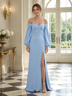 Off The Shoulder Long Sleeve Satin Slit Evening Dress