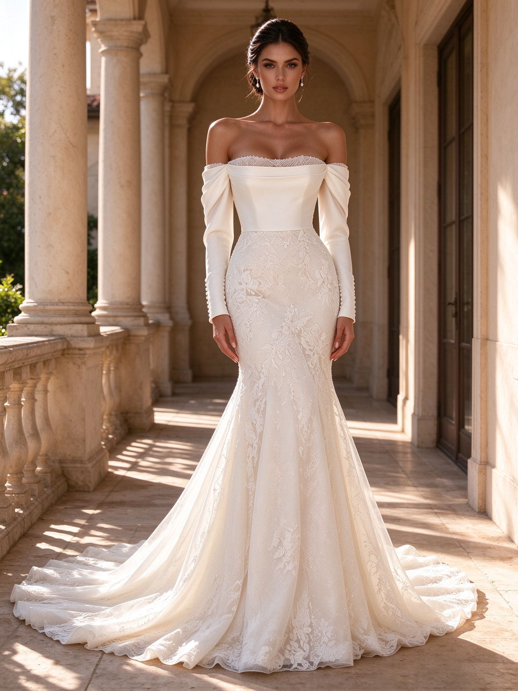Off-the-Shoulder Satin and Lace Long Sleeve Mermaid Wedding Dress with Train