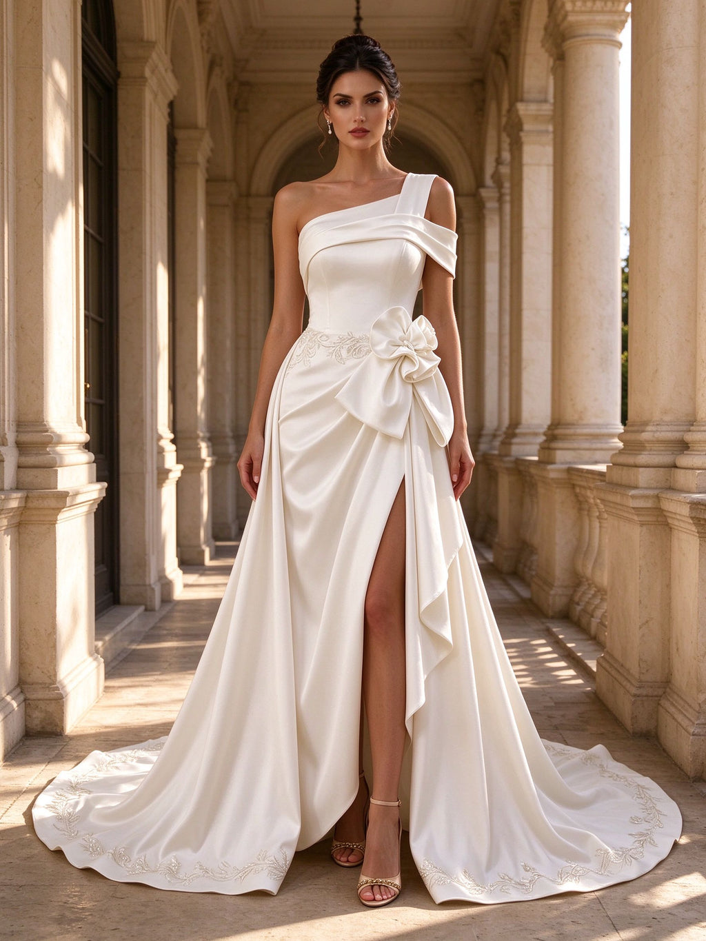One-Shoulder Draped Satin A-Line Wedding Dress with High Slit and Rosette