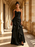 Black Sweetheart Strapless Ruffled Satin Evening Dress