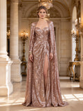 Rose Gold Sequin Sweetheart Cape Evening Dress High Slit