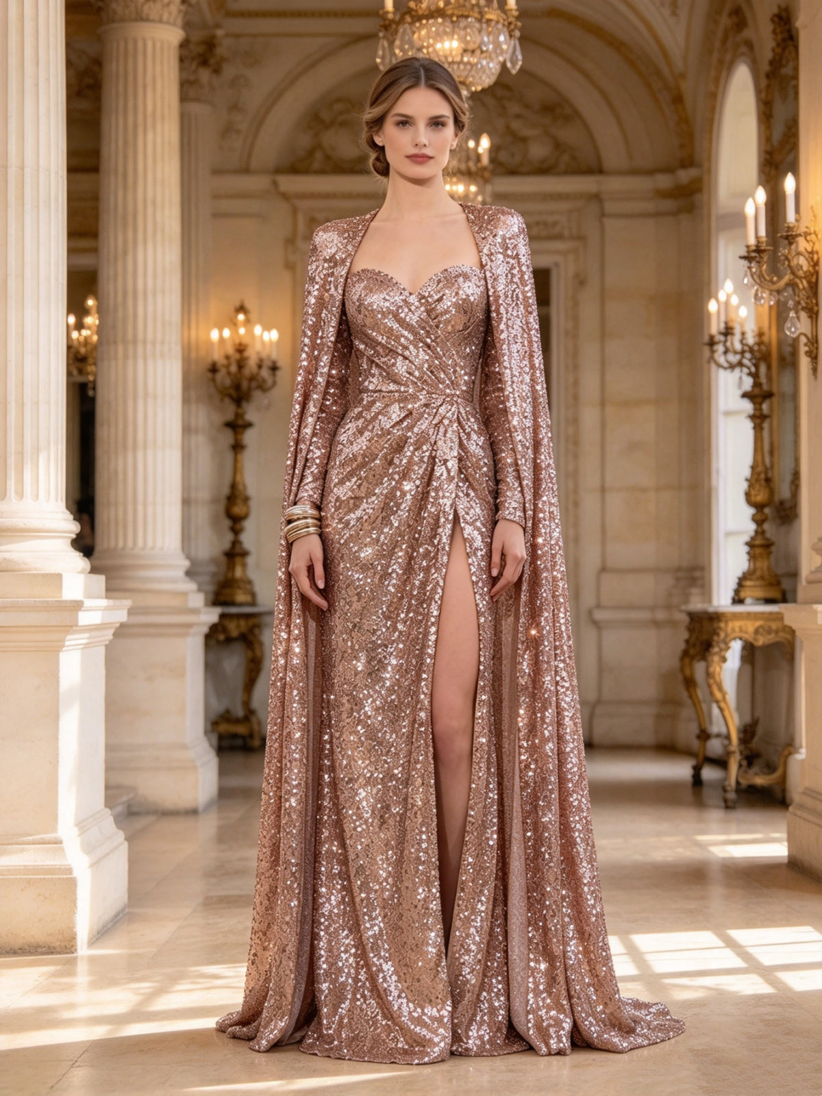 Rose Gold Sequin Sweetheart Cape Evening Dress High Slit