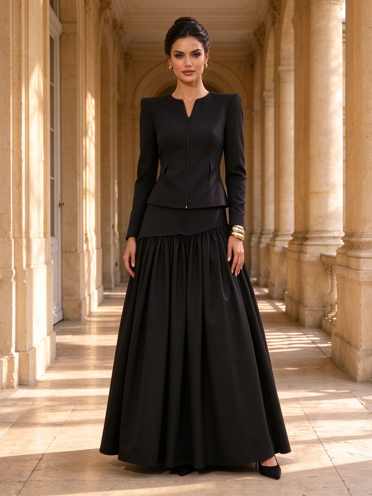 Black Long-Sleeve Jacket Pleated Skirt Two-Piece Evening Dress