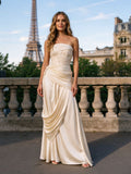 Ivory Strapless Draped Satin Column Evening Dress
