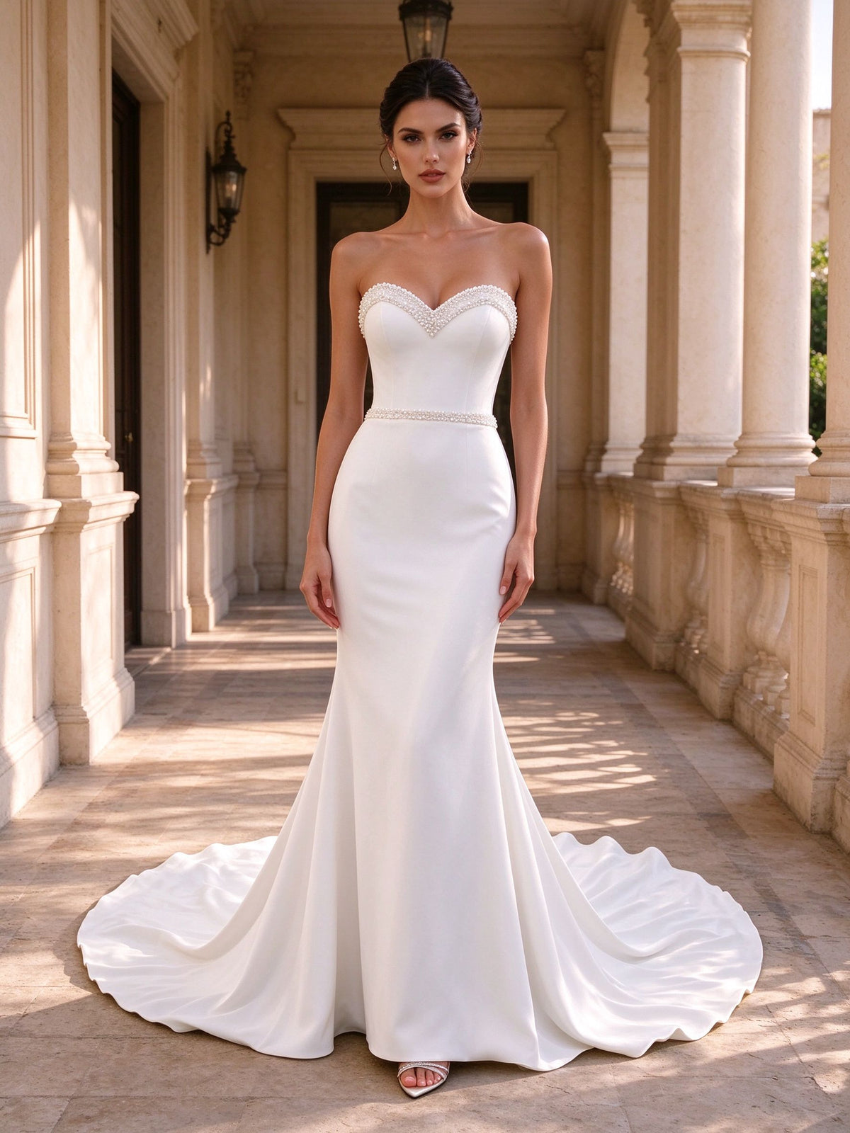 Strapless Sweetheart Beaded Trim Satin Mermaid Wedding Dress with Sweep Train