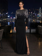 Black Round Neck Crystal Fringe Beaded Long Sleeve Column Gown