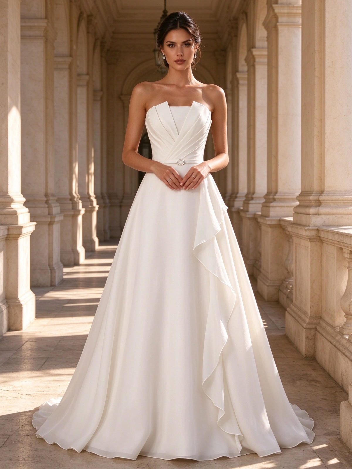 Ivory Strapless Pleated A-Line Wedding Dress Crystal Belt