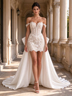Off-the-Shoulder Lace Corset Mini Wedding Dress with Detachable Satin Overskirt Train