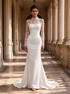 High-Neck Illusion Lace Long Sleeve Satin Column Wedding Dress with Train
