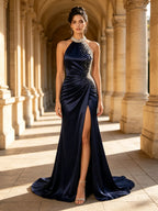 Navy Blue Halter Pearl-Embellished Satin Evening Dress