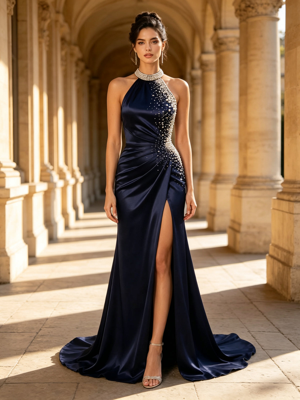 Navy Blue Halter Pearl-Embellished Satin Evening Dress