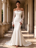 Off-the-Shoulder Lace Trim Long Sleeve Satin Mermaid Wedding Dress with Sweep Train